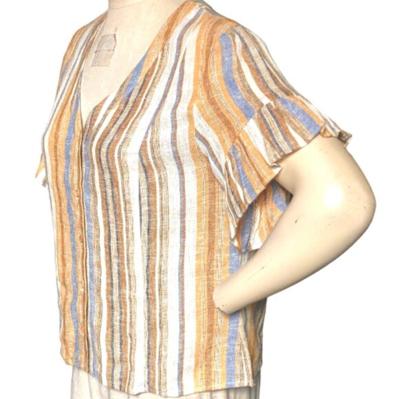 DREW "Beverly" Linen-Rayon Blend Striped Button-Up Ruffle Sleeve Top Sz M #231E - Picture 5 of 10